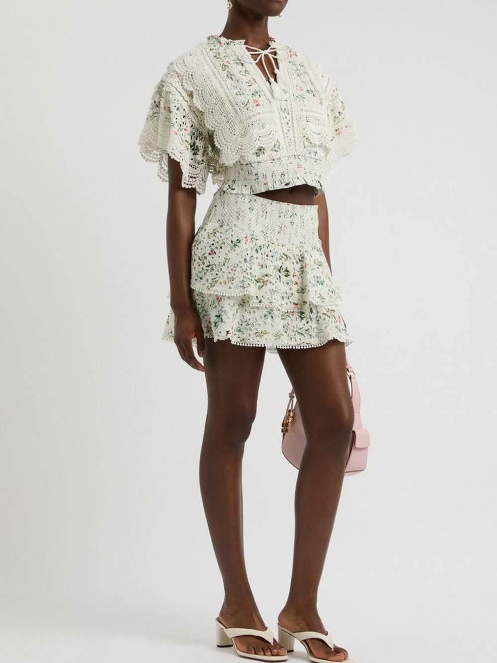 Alice + Olivia White Eyelet Skirt with Multicolor Floral Embroidery